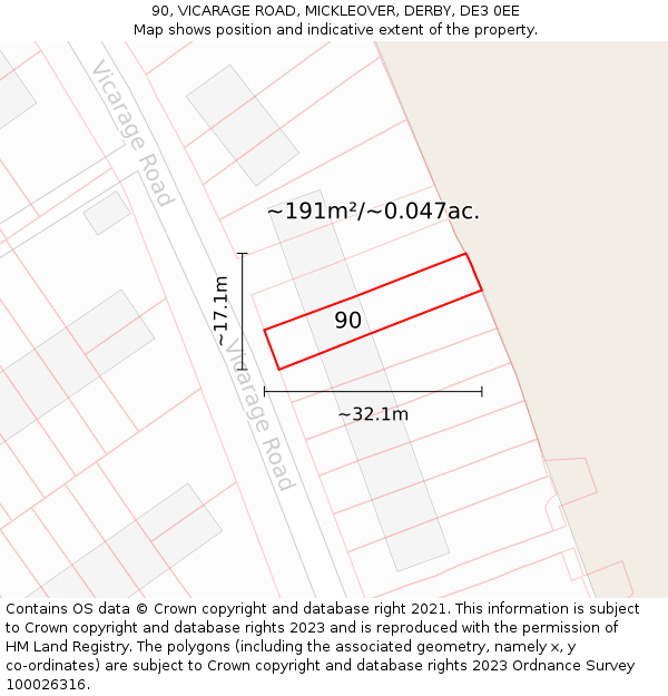 90, VICARAGE ROAD, MICKLEOVER, DERBY, DE3 0EE: Plot and title map