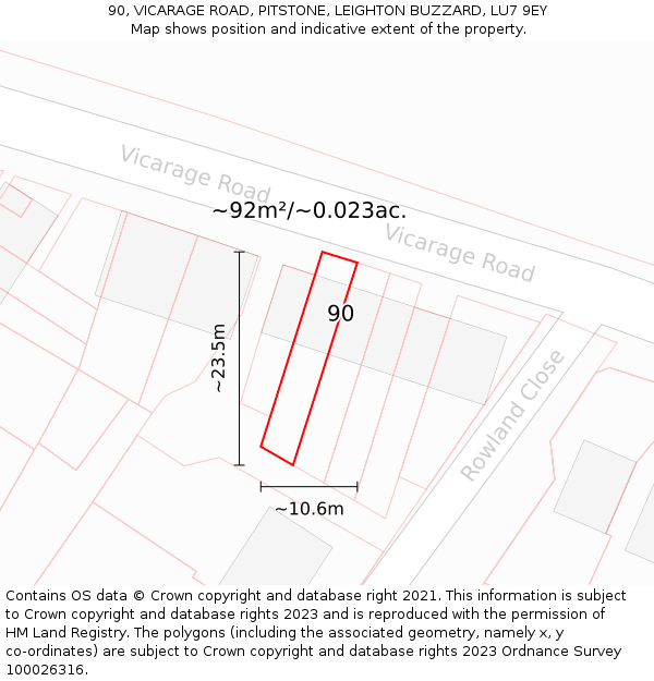 90, VICARAGE ROAD, PITSTONE, LEIGHTON BUZZARD, LU7 9EY: Plot and title map