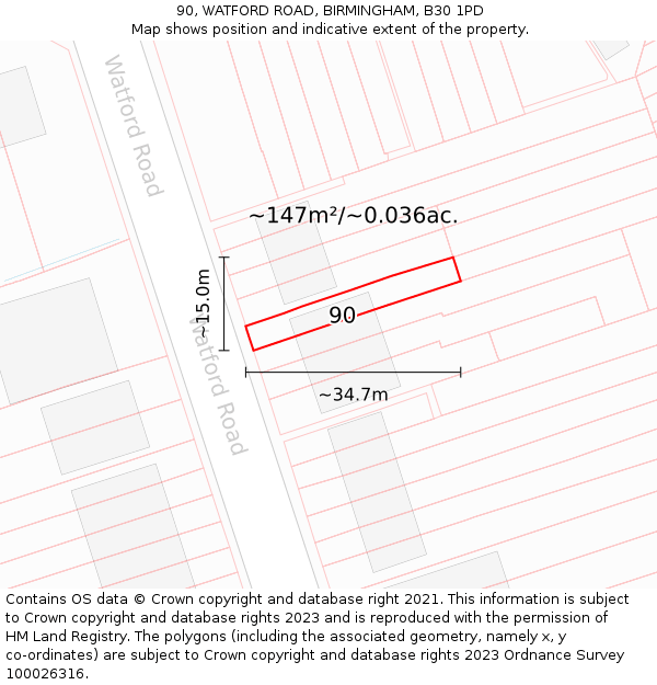 90, WATFORD ROAD, BIRMINGHAM, B30 1PD: Plot and title map