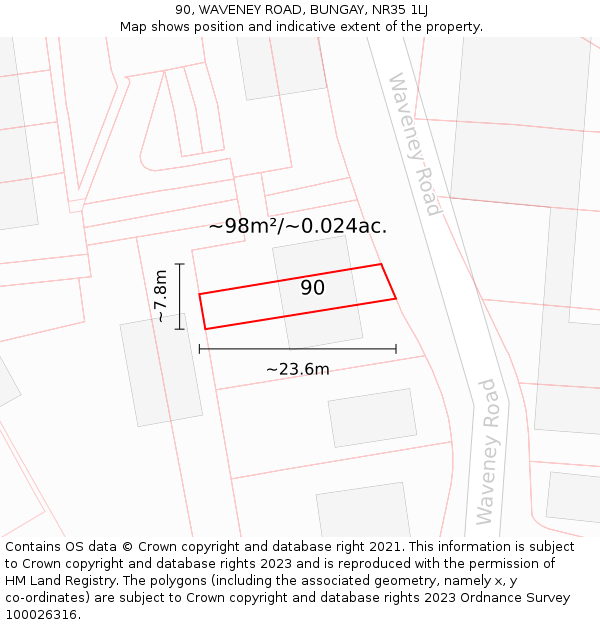 90, WAVENEY ROAD, BUNGAY, NR35 1LJ: Plot and title map
