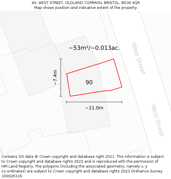 90, WEST STREET, OLDLAND COMMON, BRISTOL, BS30 9QR: Plot and title map