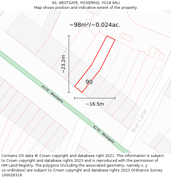 90, WESTGATE, PICKERING, YO18 8AU: Plot and title map