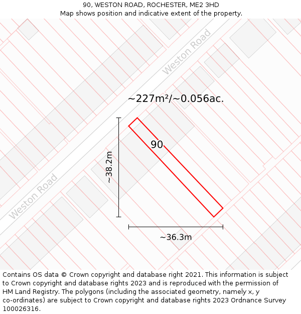 90, WESTON ROAD, ROCHESTER, ME2 3HD: Plot and title map