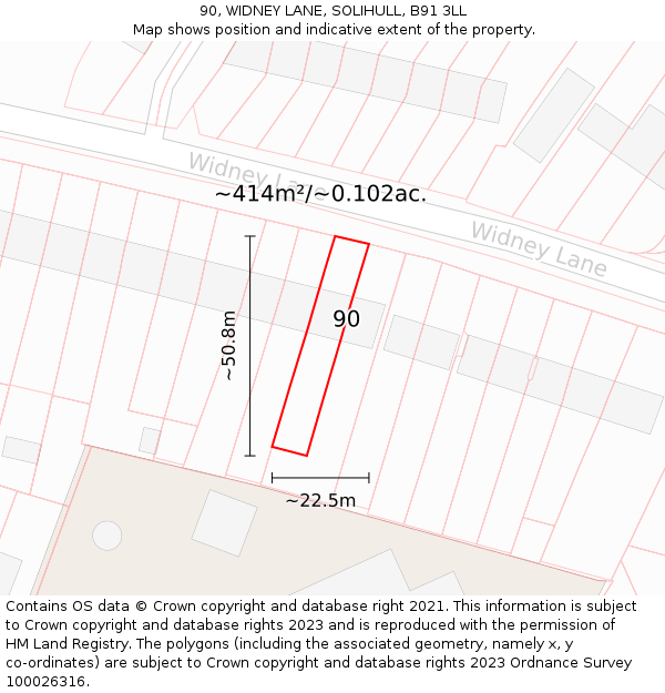 90, WIDNEY LANE, SOLIHULL, B91 3LL: Plot and title map