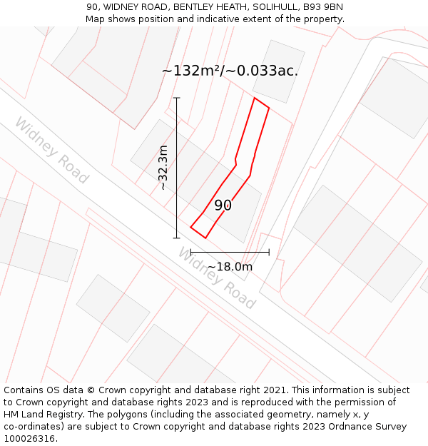 90, WIDNEY ROAD, BENTLEY HEATH, SOLIHULL, B93 9BN: Plot and title map
