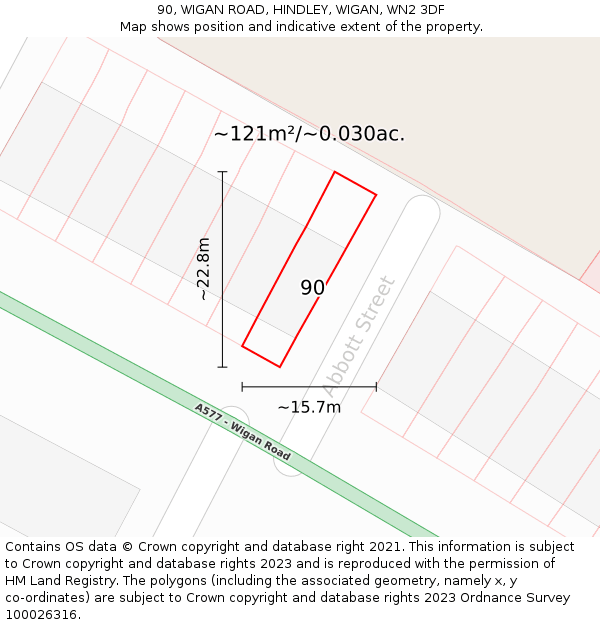 90, WIGAN ROAD, HINDLEY, WIGAN, WN2 3DF: Plot and title map