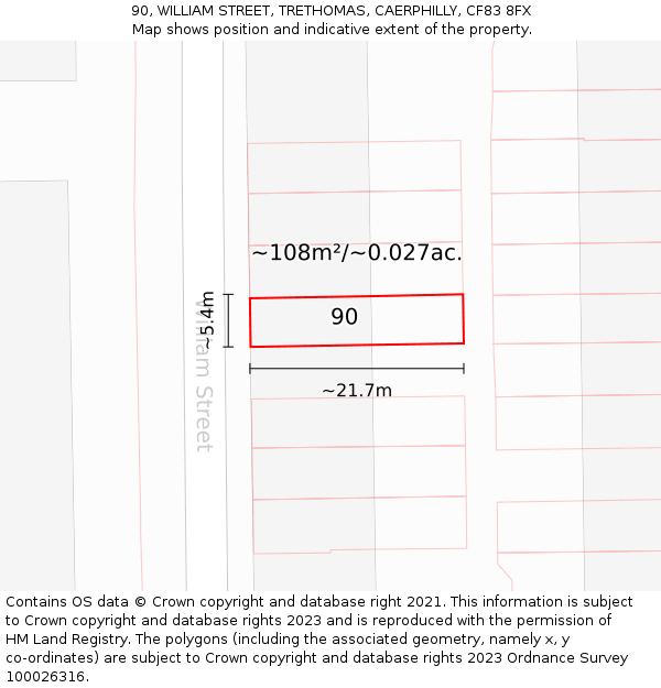 90, WILLIAM STREET, TRETHOMAS, CAERPHILLY, CF83 8FX: Plot and title map