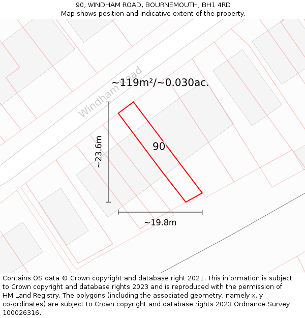 90, WINDHAM ROAD, BOURNEMOUTH, BH1 4RD: Plot and title map