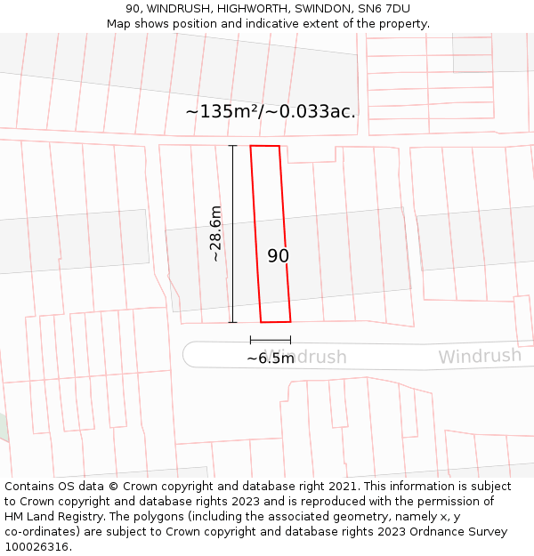 90, WINDRUSH, HIGHWORTH, SWINDON, SN6 7DU: Plot and title map