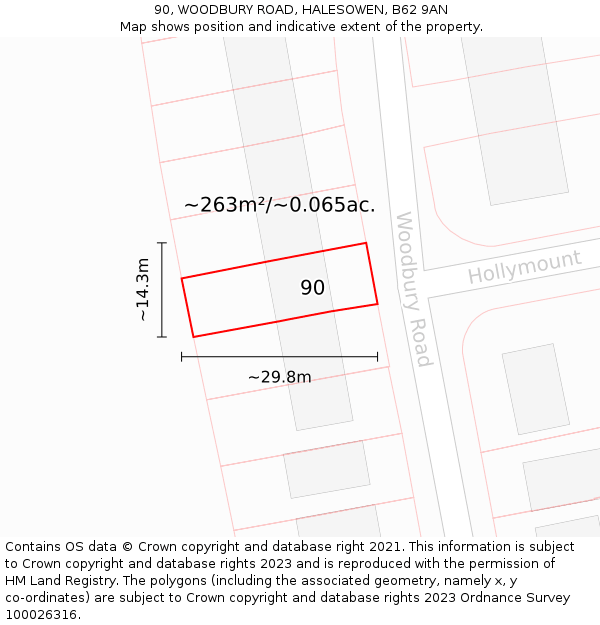 90, WOODBURY ROAD, HALESOWEN, B62 9AN: Plot and title map