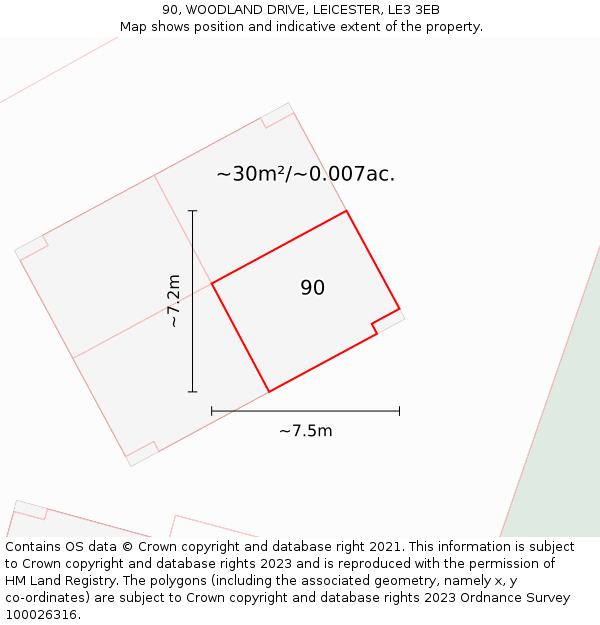 90, WOODLAND DRIVE, LEICESTER, LE3 3EB: Plot and title map