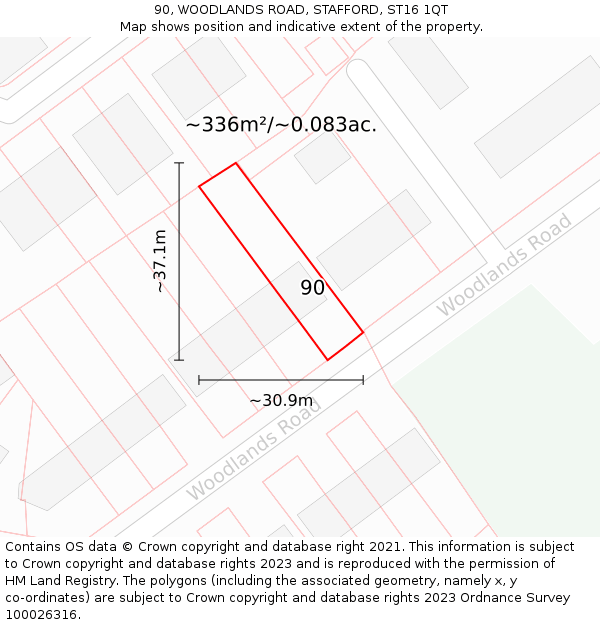 90, WOODLANDS ROAD, STAFFORD, ST16 1QT: Plot and title map