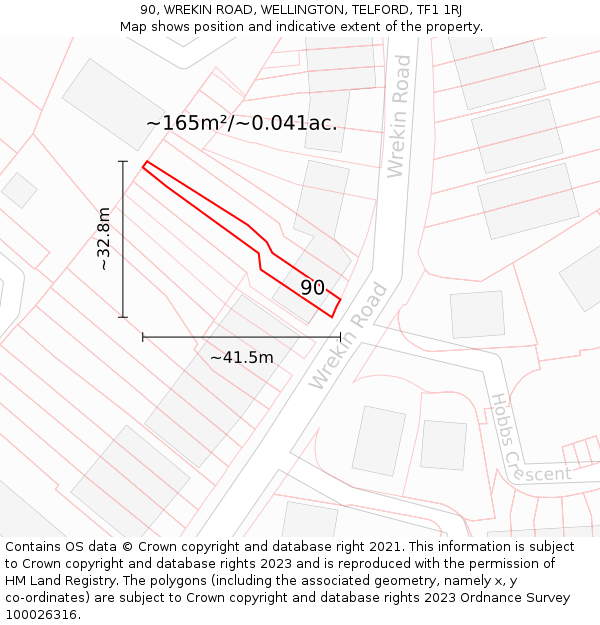 90, WREKIN ROAD, WELLINGTON, TELFORD, TF1 1RJ: Plot and title map