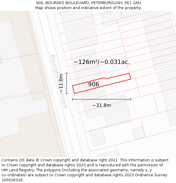 906, BOURGES BOULEVARD, PETERBOROUGH, PE1 2AN: Plot and title map