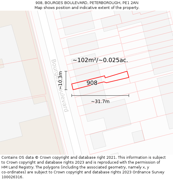 908, BOURGES BOULEVARD, PETERBOROUGH, PE1 2AN: Plot and title map