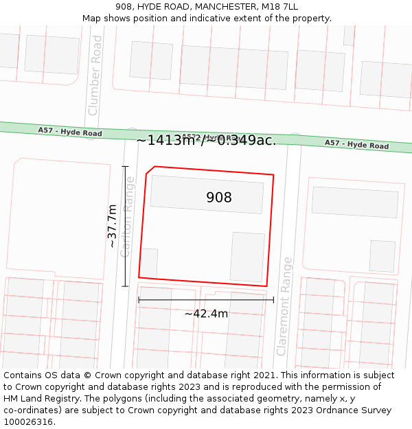 908, HYDE ROAD, MANCHESTER, M18 7LL: Plot and title map