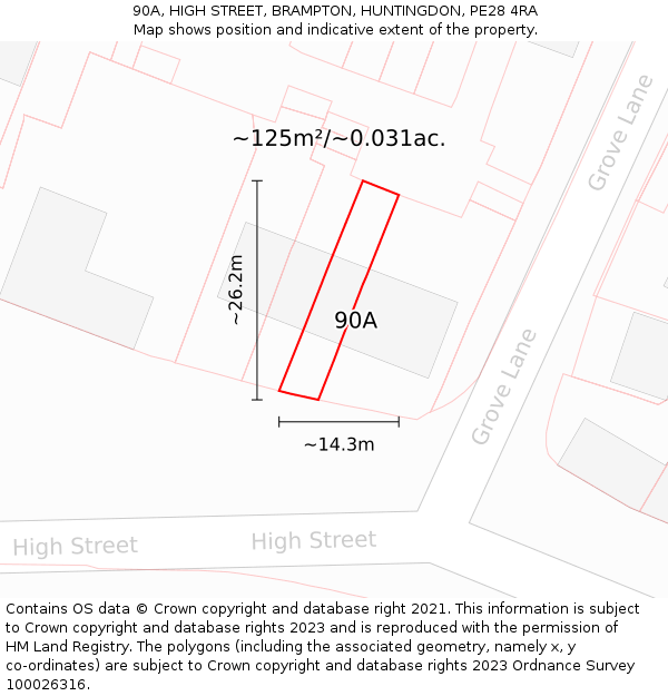 90A, HIGH STREET, BRAMPTON, HUNTINGDON, PE28 4RA: Plot and title map
