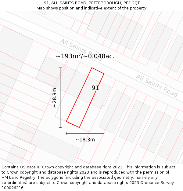 91, ALL SAINTS ROAD, PETERBOROUGH, PE1 2QT: Plot and title map