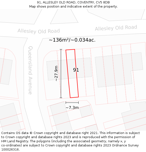 91, ALLESLEY OLD ROAD, COVENTRY, CV5 8DB: Plot and title map