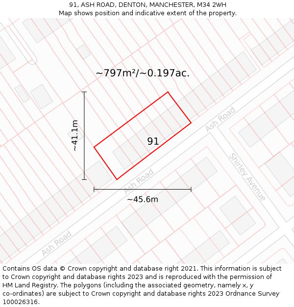 91, ASH ROAD, DENTON, MANCHESTER, M34 2WH: Plot and title map