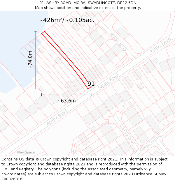 91, ASHBY ROAD, MOIRA, SWADLINCOTE, DE12 6DN: Plot and title map