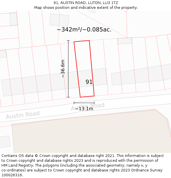 91, AUSTIN ROAD, LUTON, LU3 1TZ: Plot and title map