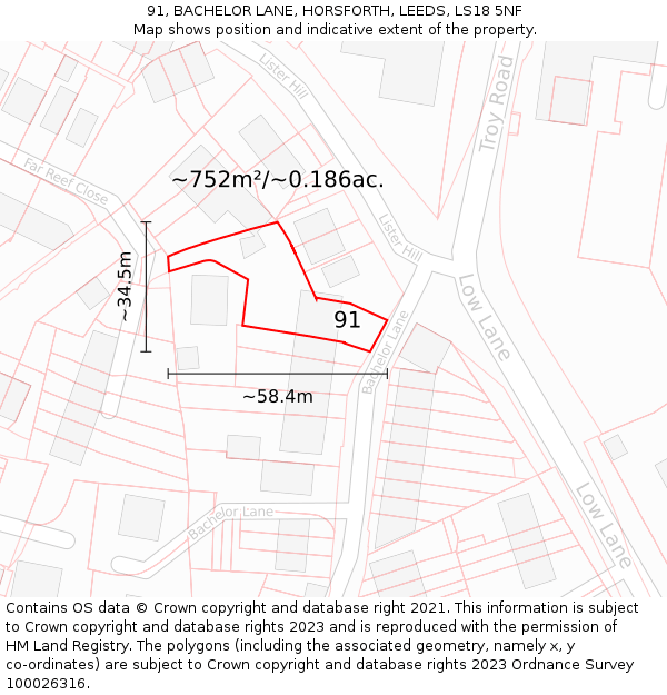 91, BACHELOR LANE, HORSFORTH, LEEDS, LS18 5NF: Plot and title map