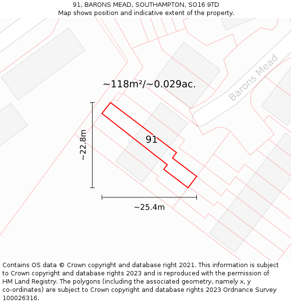 91, BARONS MEAD, SOUTHAMPTON, SO16 9TD: Plot and title map