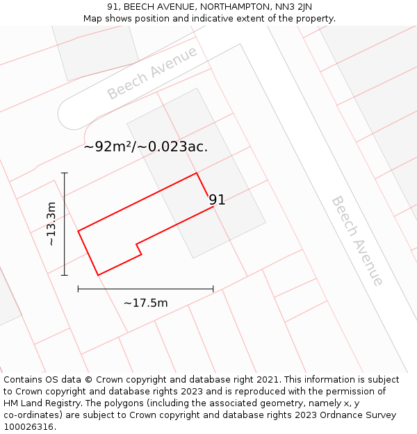 91, BEECH AVENUE, NORTHAMPTON, NN3 2JN: Plot and title map