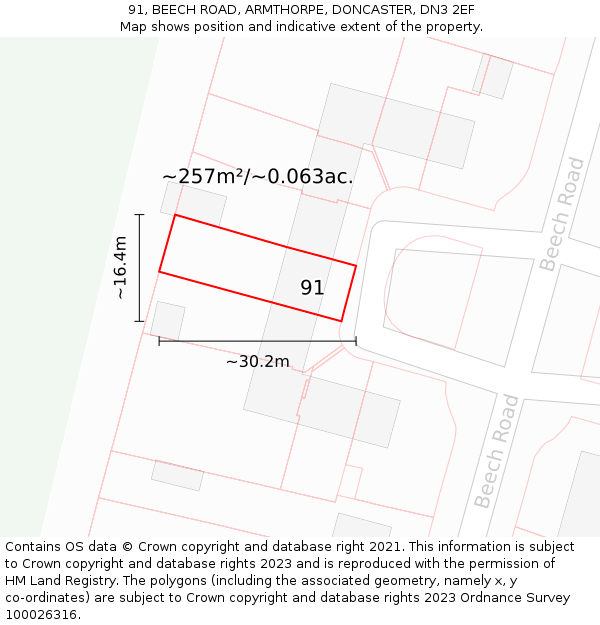 91, BEECH ROAD, ARMTHORPE, DONCASTER, DN3 2EF: Plot and title map