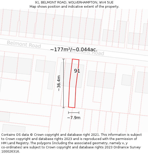 91, BELMONT ROAD, WOLVERHAMPTON, WV4 5UE: Plot and title map