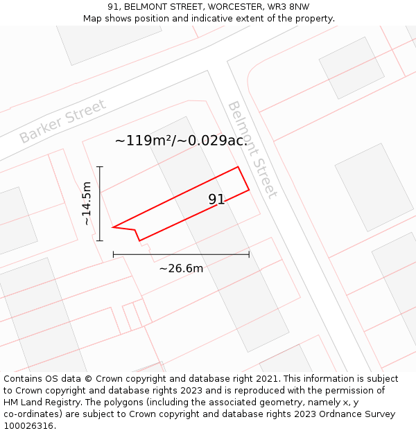 91, BELMONT STREET, WORCESTER, WR3 8NW: Plot and title map