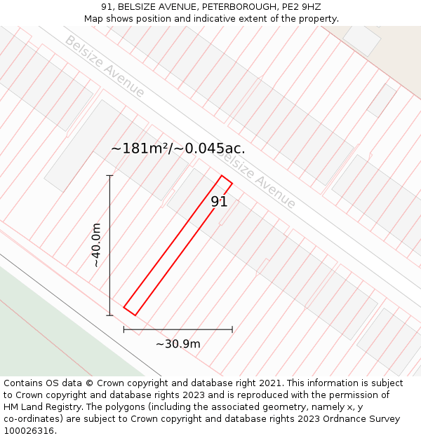 91, BELSIZE AVENUE, PETERBOROUGH, PE2 9HZ: Plot and title map