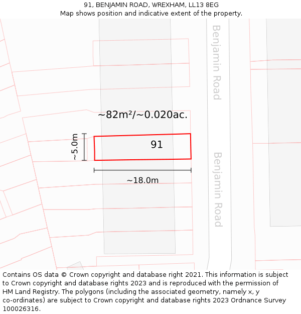 91, BENJAMIN ROAD, WREXHAM, LL13 8EG: Plot and title map