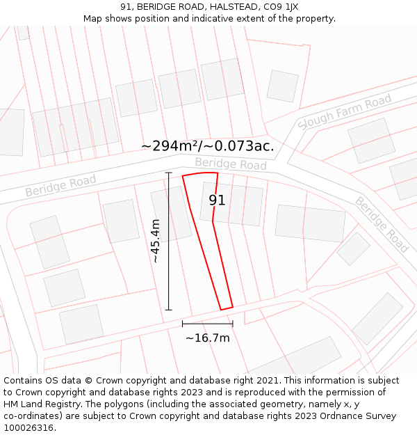 91, BERIDGE ROAD, HALSTEAD, CO9 1JX: Plot and title map