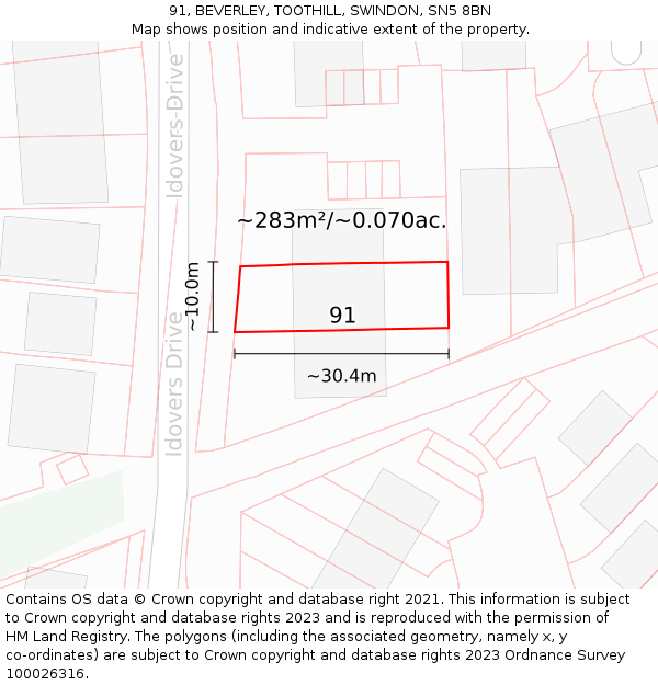 91, BEVERLEY, TOOTHILL, SWINDON, SN5 8BN: Plot and title map