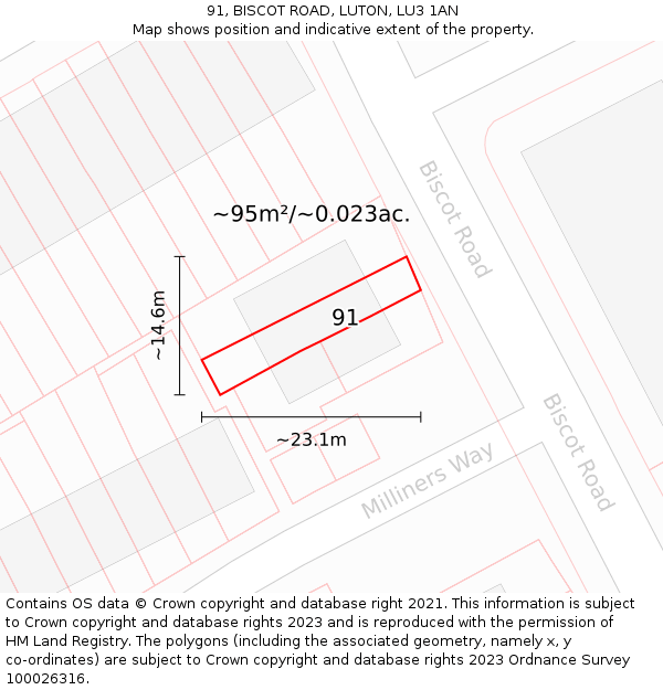 91, BISCOT ROAD, LUTON, LU3 1AN: Plot and title map