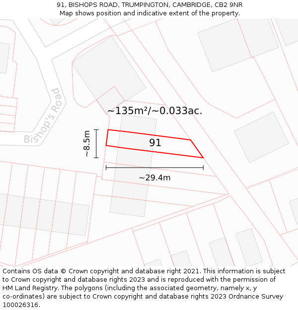 91, BISHOPS ROAD, TRUMPINGTON, CAMBRIDGE, CB2 9NR: Plot and title map