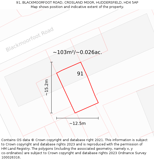 91, BLACKMOORFOOT ROAD, CROSLAND MOOR, HUDDERSFIELD, HD4 5AP: Plot and title map
