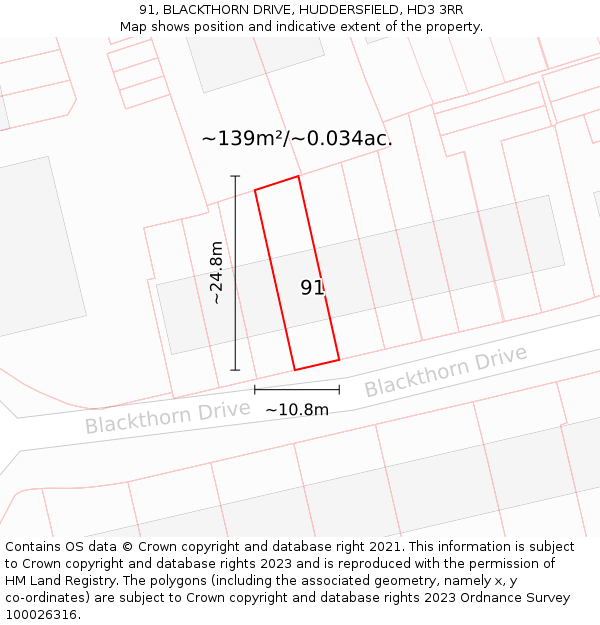 91, BLACKTHORN DRIVE, HUDDERSFIELD, HD3 3RR: Plot and title map