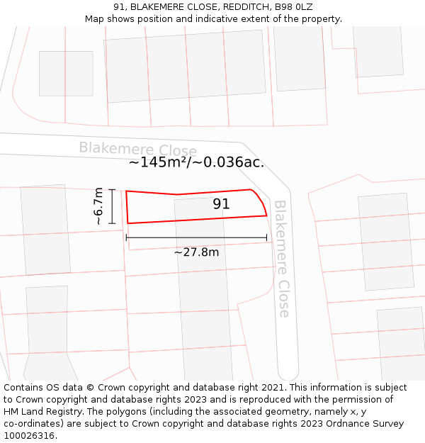 91, BLAKEMERE CLOSE, REDDITCH, B98 0LZ: Plot and title map