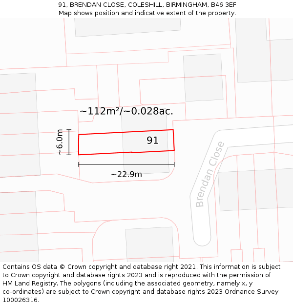 91, BRENDAN CLOSE, COLESHILL, BIRMINGHAM, B46 3EF: Plot and title map