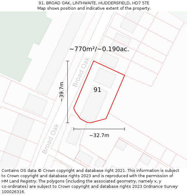 91, BROAD OAK, LINTHWAITE, HUDDERSFIELD, HD7 5TE: Plot and title map