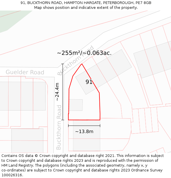 91, BUCKTHORN ROAD, HAMPTON HARGATE, PETERBOROUGH, PE7 8GB: Plot and title map