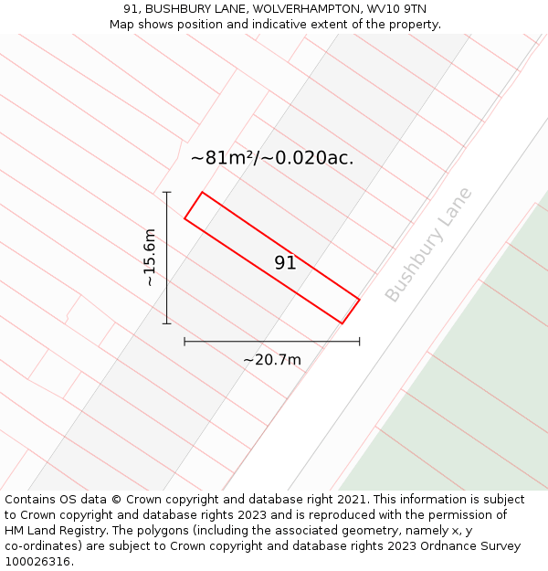 91, BUSHBURY LANE, WOLVERHAMPTON, WV10 9TN: Plot and title map
