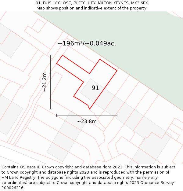91, BUSHY CLOSE, BLETCHLEY, MILTON KEYNES, MK3 6PX: Plot and title map