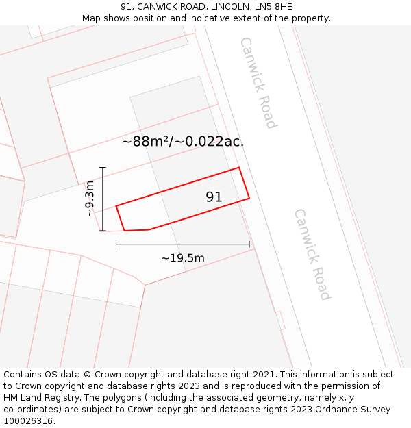 91, CANWICK ROAD, LINCOLN, LN5 8HE: Plot and title map