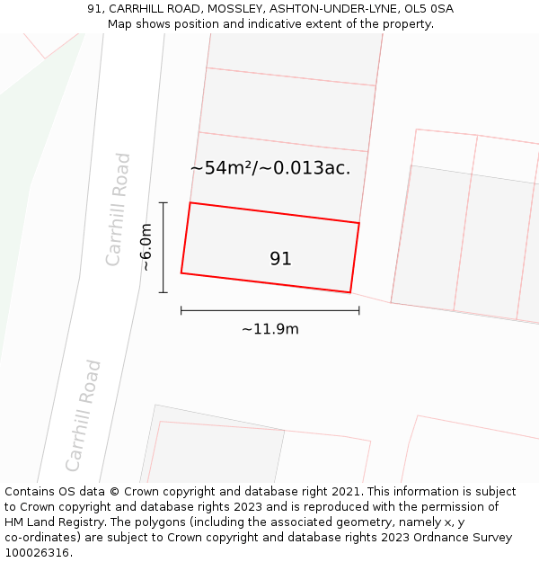 91, CARRHILL ROAD, MOSSLEY, ASHTON-UNDER-LYNE, OL5 0SA: Plot and title map