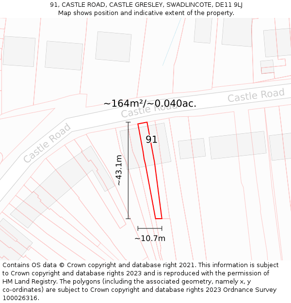 91, CASTLE ROAD, CASTLE GRESLEY, SWADLINCOTE, DE11 9LJ: Plot and title map