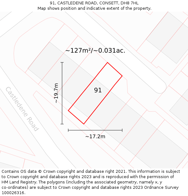 91, CASTLEDENE ROAD, CONSETT, DH8 7HL: Plot and title map